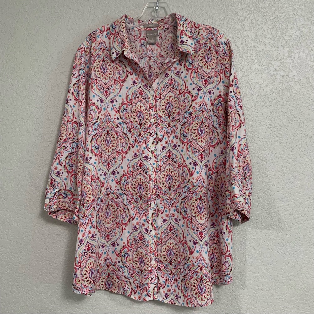 Chicos Shirt Top Tunic Womens 3/XL Linen Button Up Printed Colorful Preppy Beach